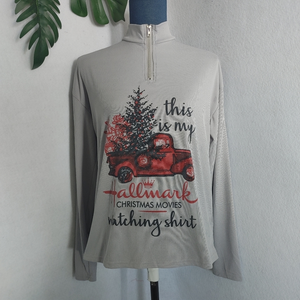 Hallmark Christmas Movies Watching 1/4 Zip Ribbed Shirt Top